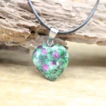 Necklace with green ruby natural stone heart pendant