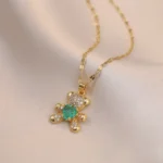 Gold necklace with green heart bear pendant EZRA